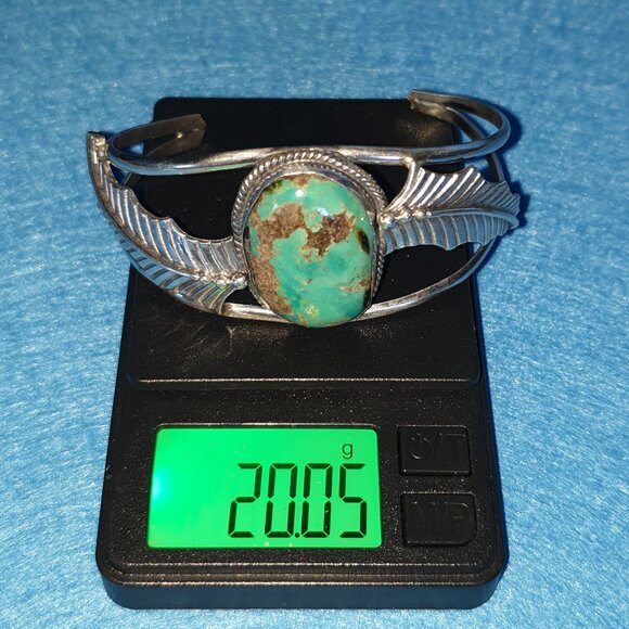 Vintage Pre-1950s Native American Sterling Genuine Turquoise Feather Bracelet - Picture 12 of 14